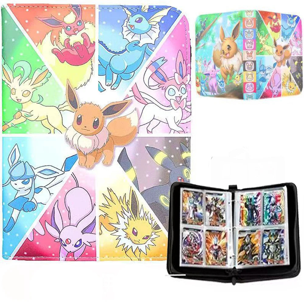 A colorful PU leather card binder with a zipper holds various Pokémon cards and illustrations.