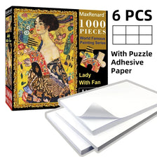 Box of a 1000-piece famous painting jigsaw puzzle with six puzzle sheets and adhesive paper
