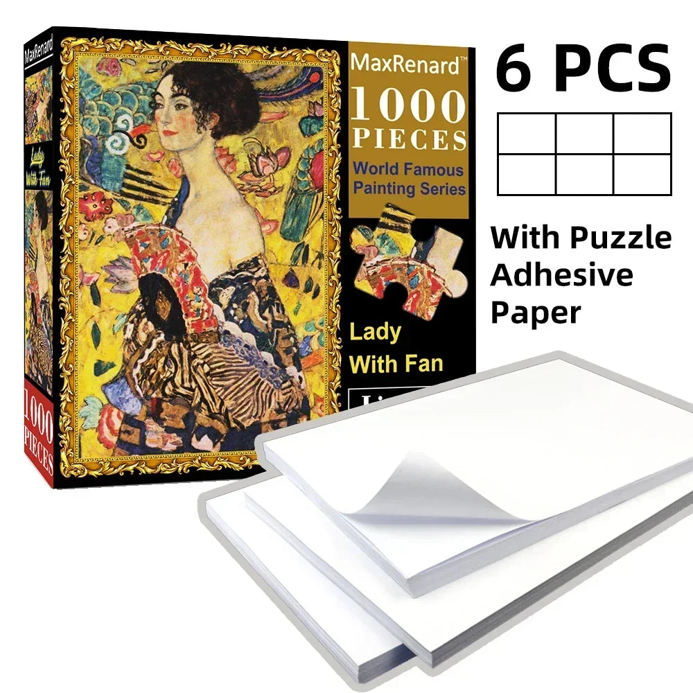 Box of a 1000-piece famous painting jigsaw puzzle with six puzzle sheets and adhesive paper