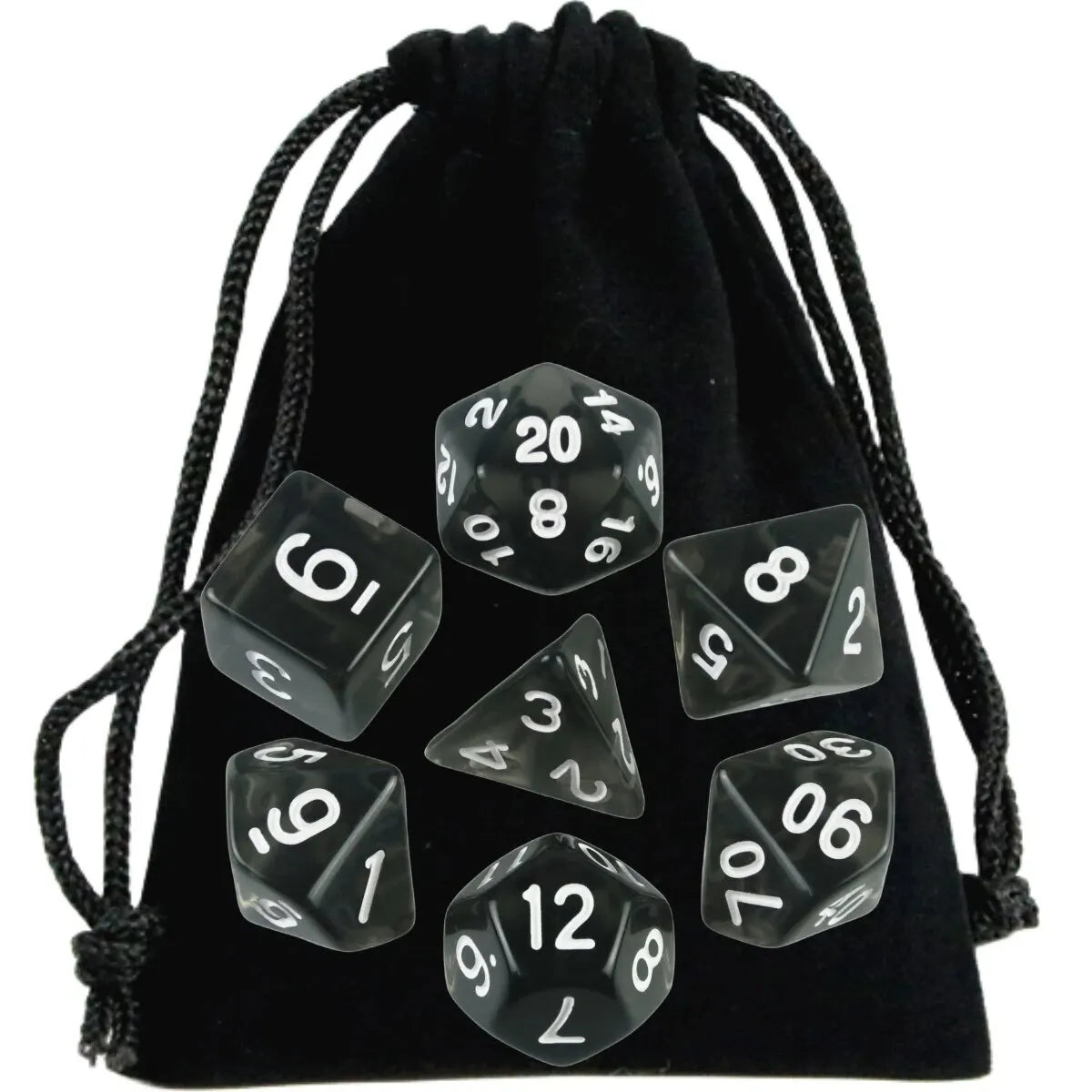 A black drawstring bag containing a set of transparent polyhedral dice for role-playing games