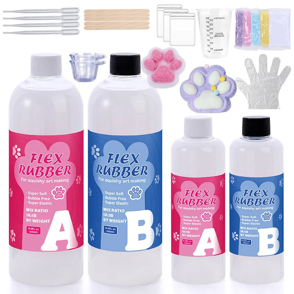 A collection of silicone rubber products including squishy toys and tools for art making