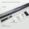 A heavy dueling lightsaber with an optional blade length, included accessories like a manual and SD card.