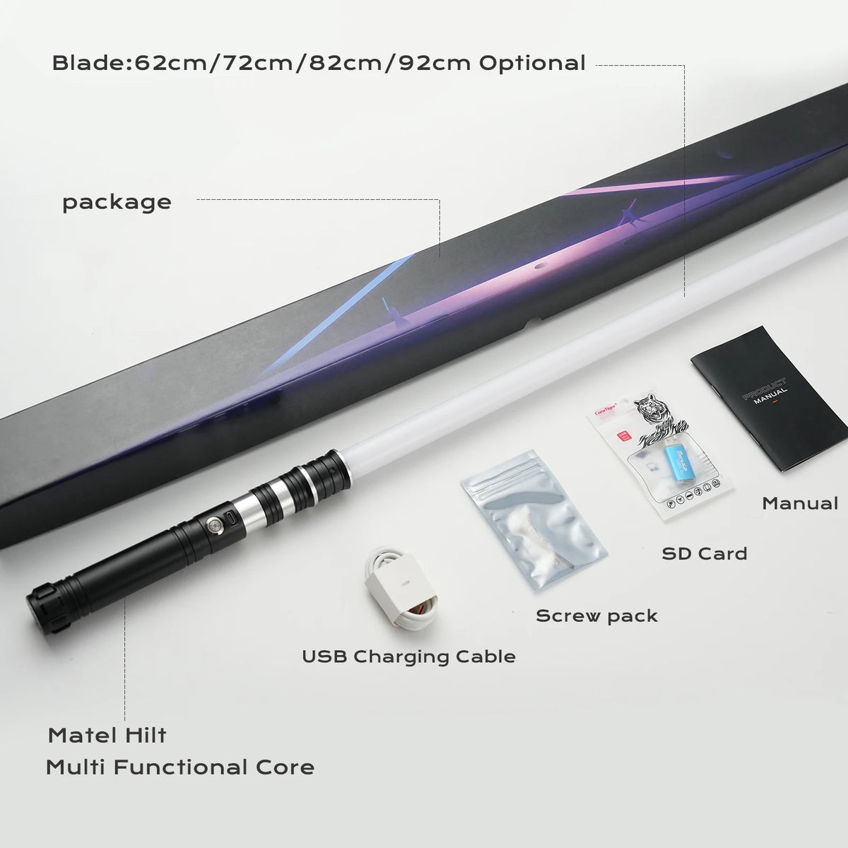 A heavy dueling lightsaber with an optional blade length, included accessories like a manual and SD card.
