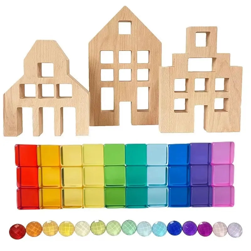 Wooden building blocks and rainbow colored acrylic blocks for creative play