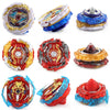 A set of metal spinning tops in various colors including white, blue, gold, and red, shown from different angles.