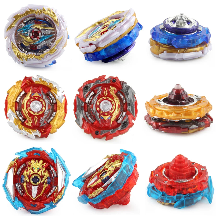 A set of metal spinning tops in various colors including white, blue, gold, and red, shown from different angles.