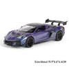 A purple diecast supercar model with a black spoiler and opening doors.