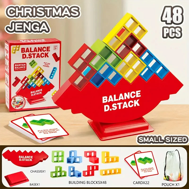 A set of 48 pieces of Balance D.Stack building blocks in various colors and sizes displayed on a wooden surface.