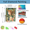 A full diamond painting kit featuring a cartoon girl with flowers, showing the finished artwork and painting materials.