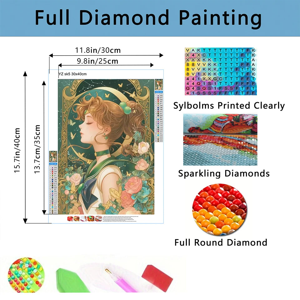 A full diamond painting kit featuring a cartoon girl with flowers, showing the finished artwork and painting materials.