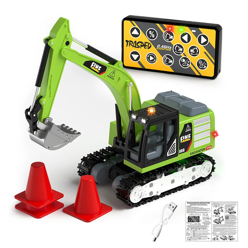 A green mini RC excavator model with a hydraulic arm and tracks, along with accessories and instructions.