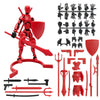 A red magnetic multi-jointed action figure building set with display stand and various accessories.