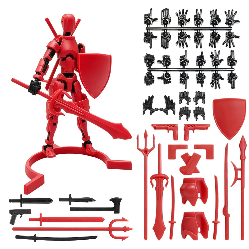 A red magnetic multi-jointed action figure building set with display stand and various accessories.