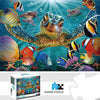 A jigsaw puzzle featuring an ocean giant turtle and various marine life, including fish and starfish.