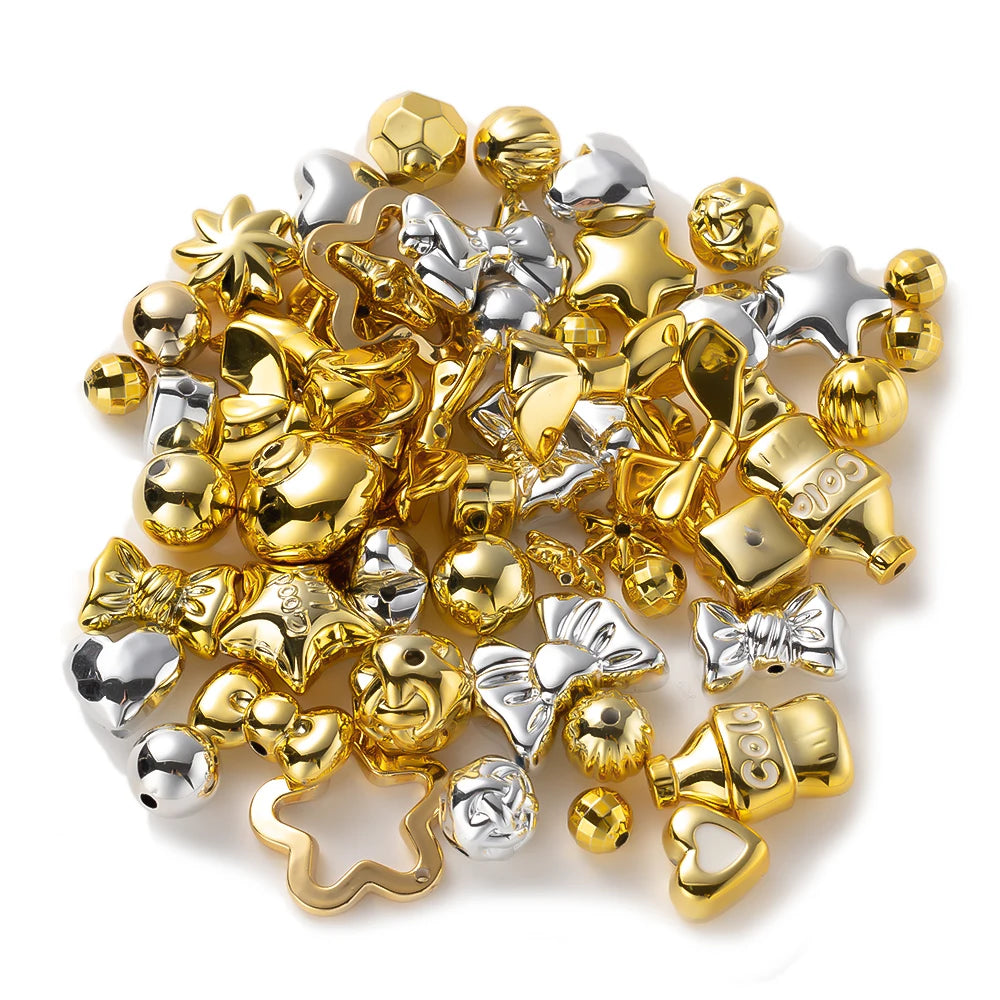 A collection of gold and silver Y2K acrylic bow and flower beads for DIY jewelry making