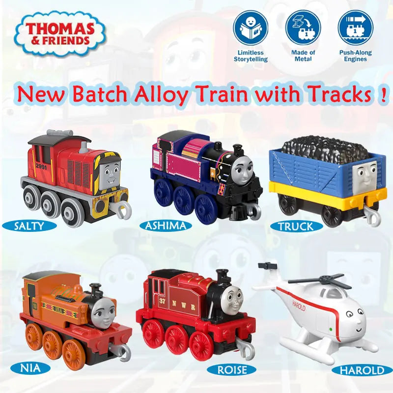 A collection of Thomas & Friends diecast train characters including Salty, Ashima, Truck, Nia, Roise, and Harold