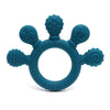A teal silicone baby teether with multiple chew beads for soothing gum relief.
