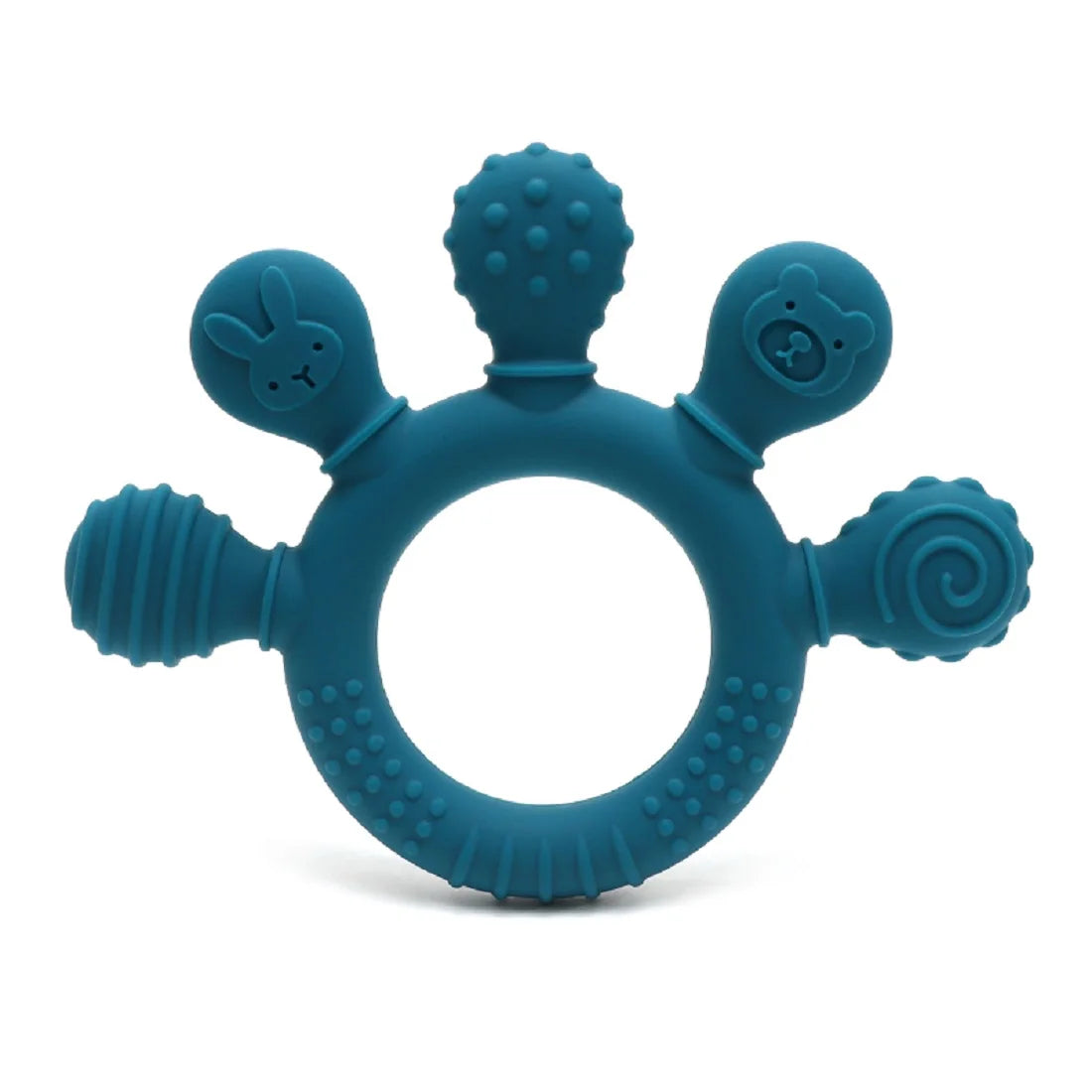A teal silicone baby teether with multiple chew beads for soothing gum relief.
