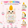 A handmade crochet tiny unicorn doll with a motivational card shown from front and side views.