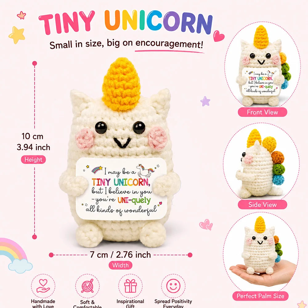 A handmade crochet tiny unicorn doll with a motivational card shown from front and side views.