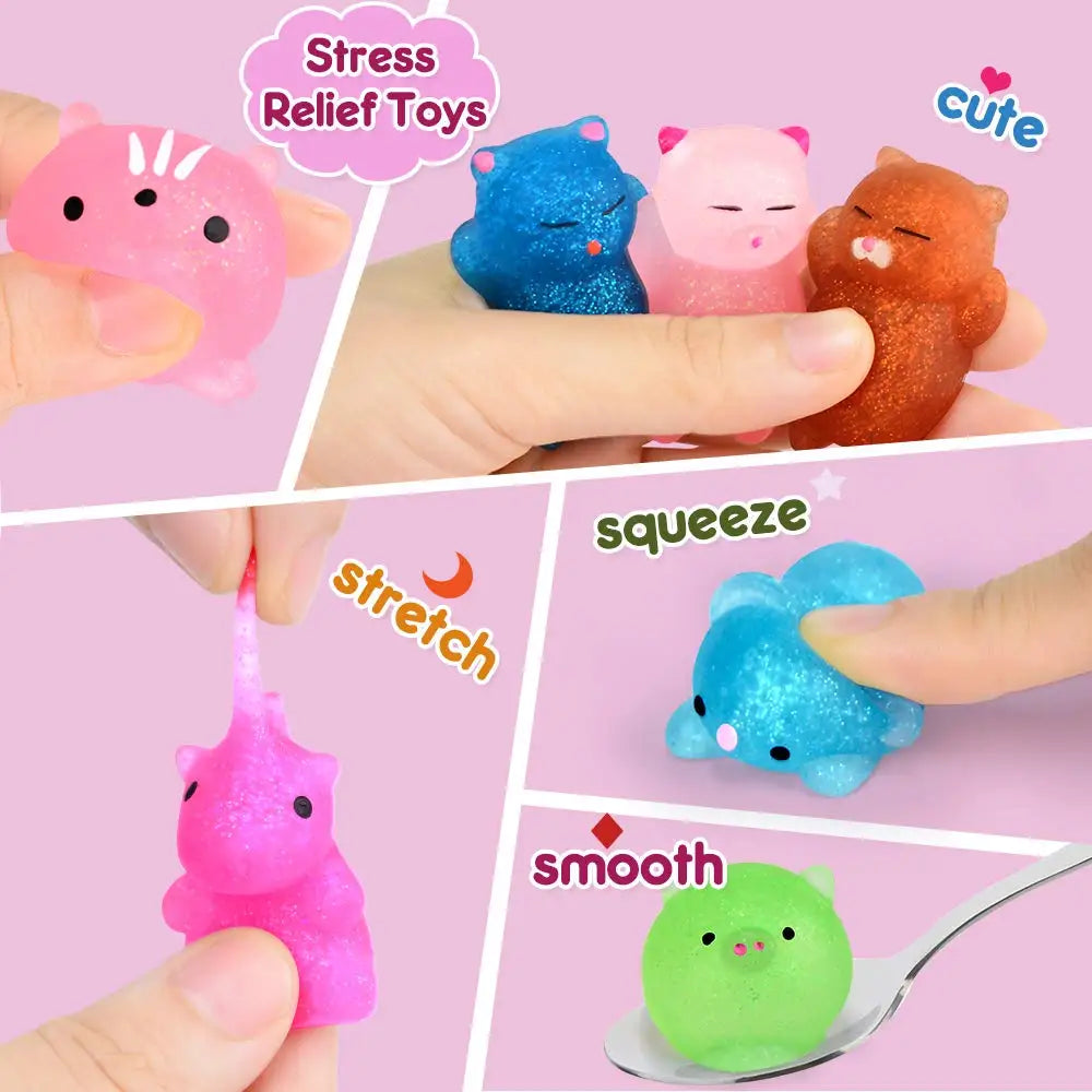 Hands show various pink and blue squishy toys being squeezed, stretched, and smoothed.