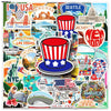 A collection of cartoon stickers featuring various landmarks and symbols from the USA, including the Statue of Liberty, New Y