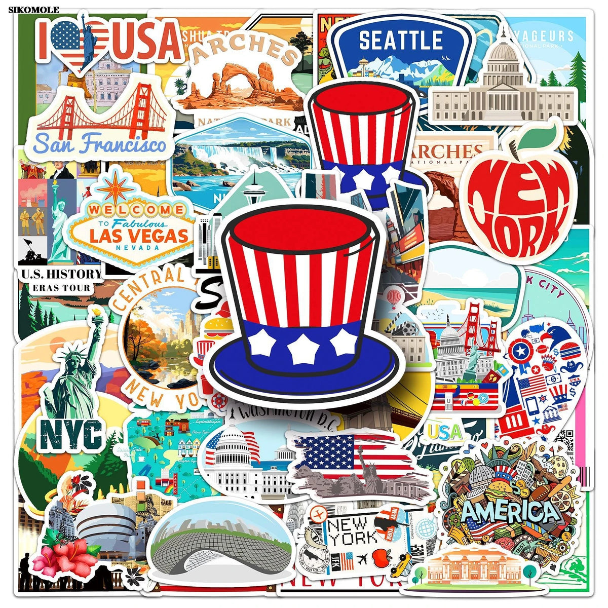 A collection of cartoon stickers featuring various landmarks and symbols from the USA, including the Statue of Liberty, New Y