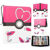 A pink and white PU leather card binder with a zipper, featuring decorative elements like hearts and flowers.