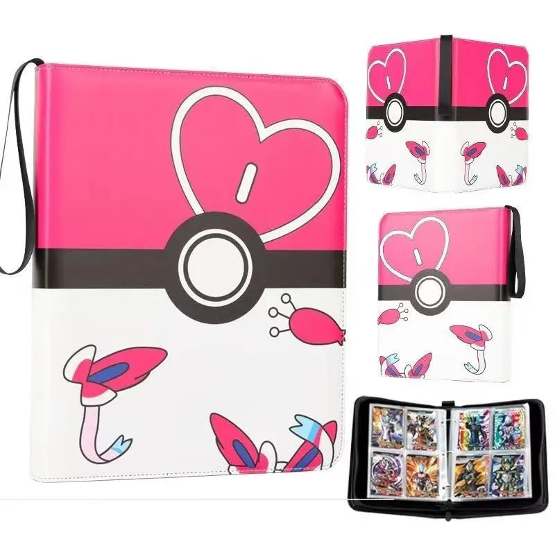 A pink and white PU leather card binder with a zipper, featuring decorative elements like hearts and flowers.