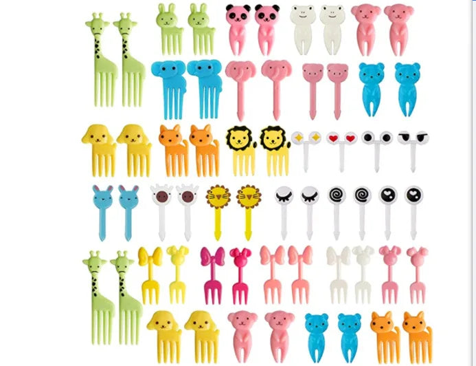 A collection of kawaii mini fruit forks in various colors and shapes for kids