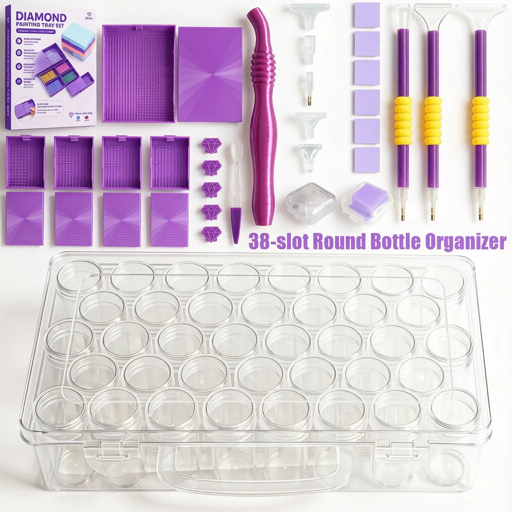 A set of modular diamond painting organizers featuring 38 slots and dot pens in various colors.
