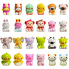 A collection of various squishy fidget toys shaped like food items including a donut, elephant, and various animals.