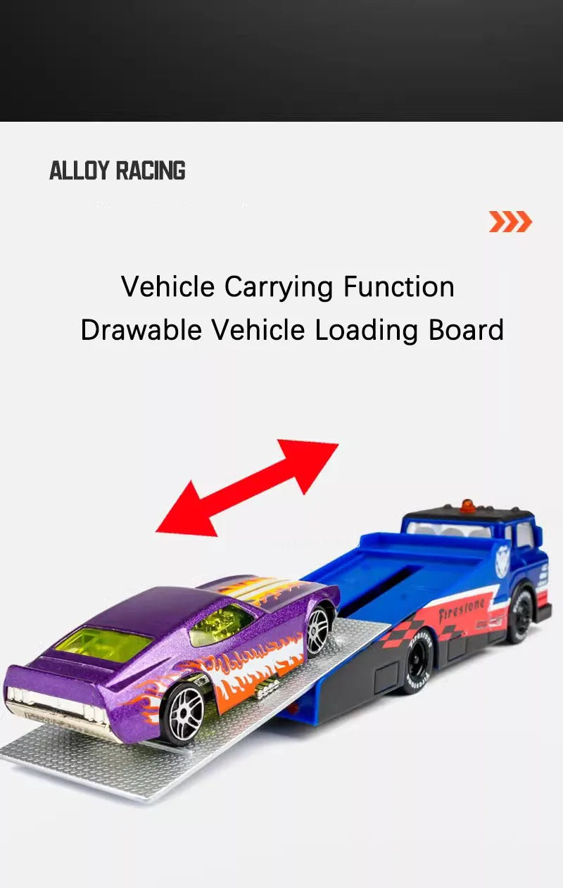 A purple die-cast model car is loaded onto a blue vehicle carrying function drawing board.