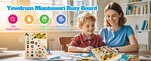 A young boy and woman interact with a Montessori Busy Board featuring switch controls and various manipulative pieces.
