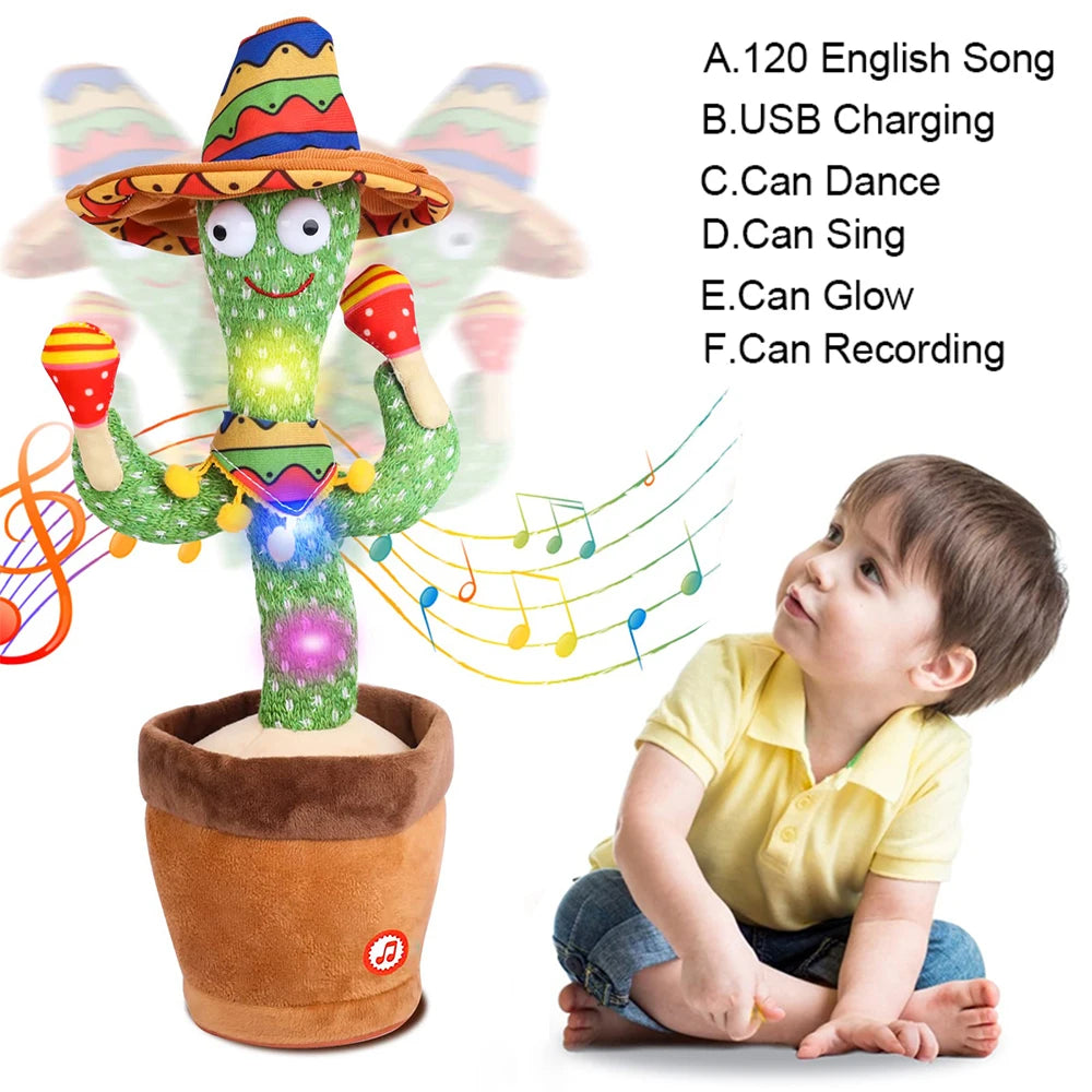 Interactive talking cactus toy with dancing, singing, and LED lights for children.