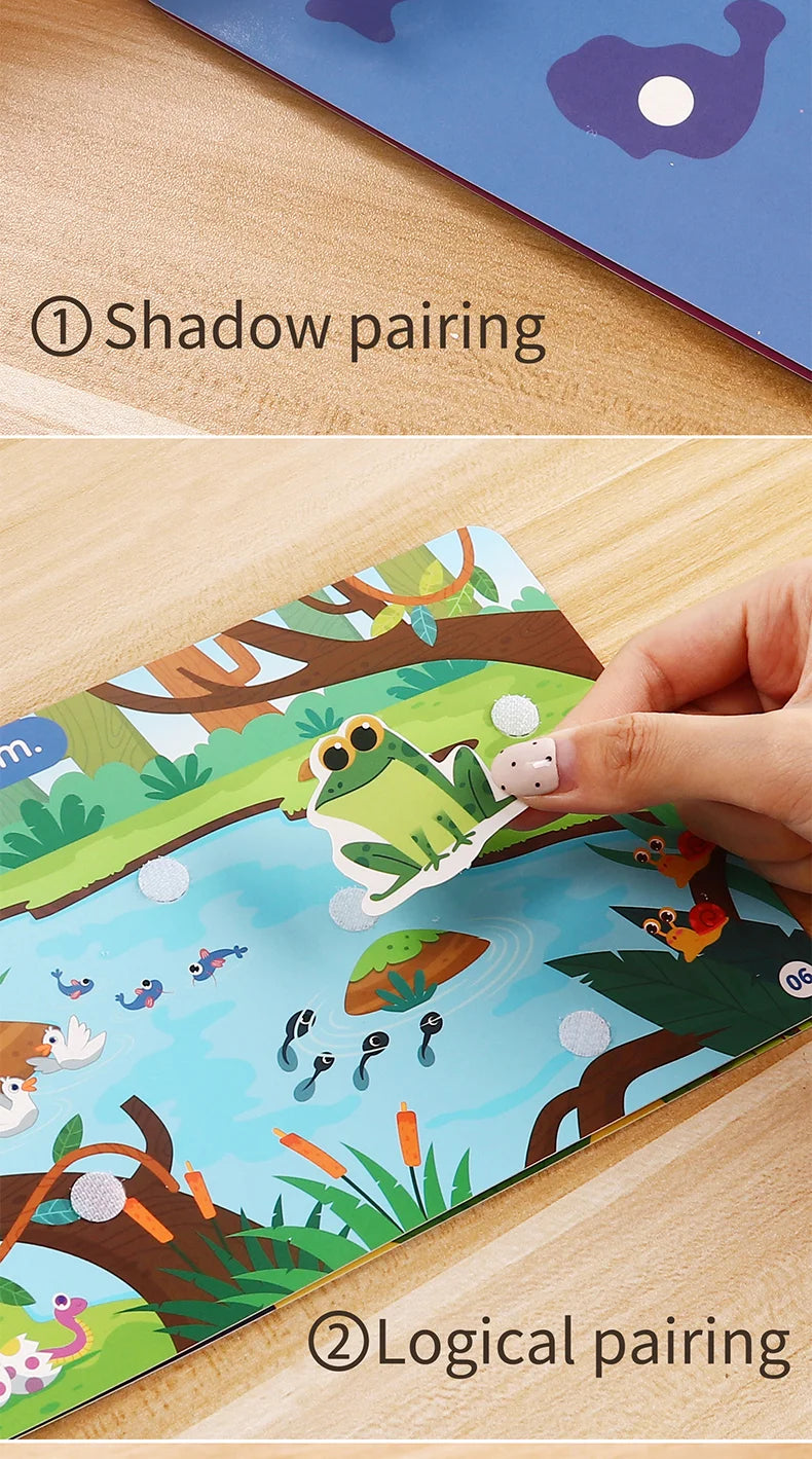 A Montessori quiet book showing shadow pairing and logical pairing activities with stickers on a wooden background.