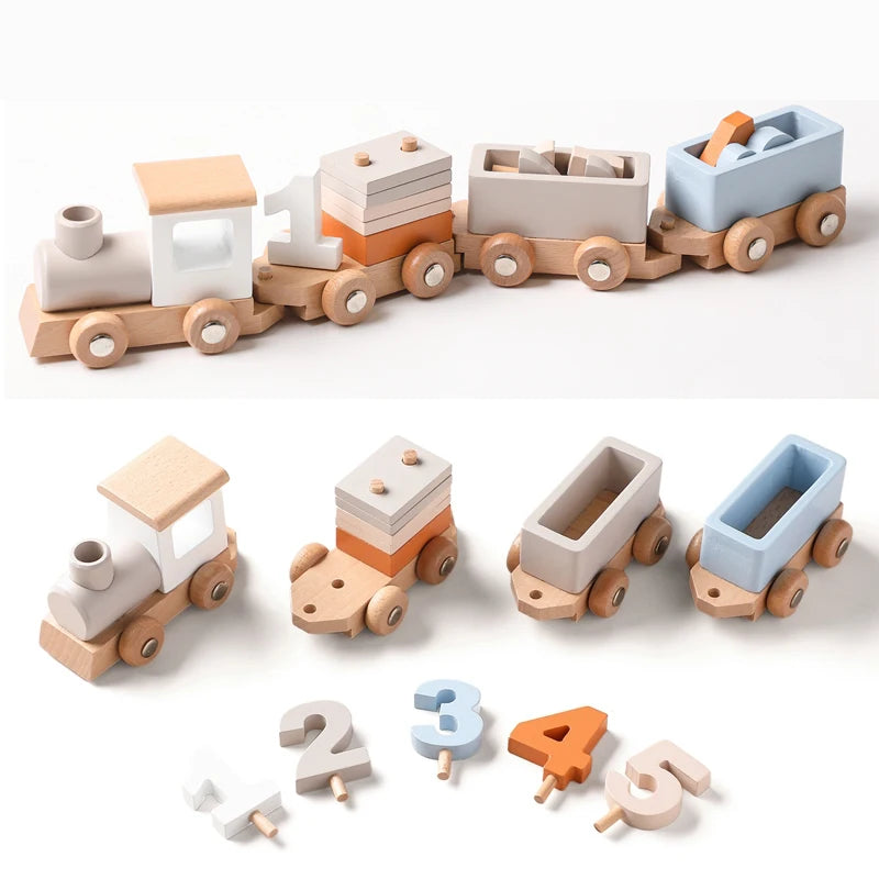 A set of wooden train toys numbered 1 through 5, designed for Montessori educational play.