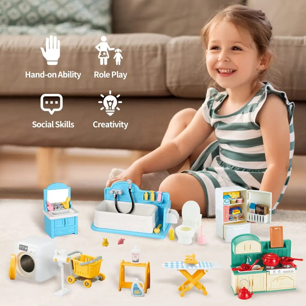 A set of 1:12 scale dollhouse furniture including kitchen, bedroom, and bathroom accessories for kids