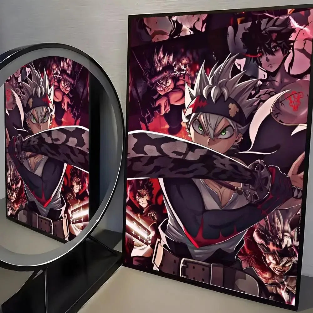 A framed anime poster featuring characters from Black Clover in a dark, intense style.