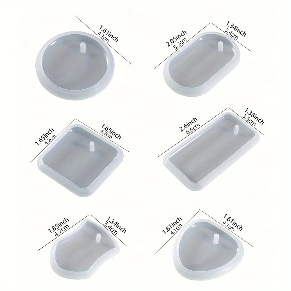 A set of silicone keychain molds in various shapes and sizes for DIY epoxy resin jewelry.