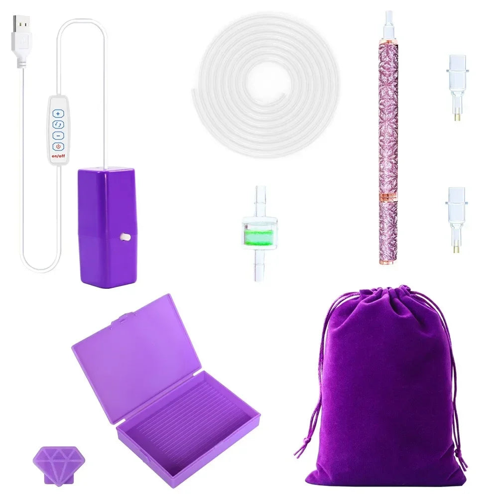 A purple electric diamond painting pen kit with a suction tool, including the pen, storage pouch, and USB charging cable.