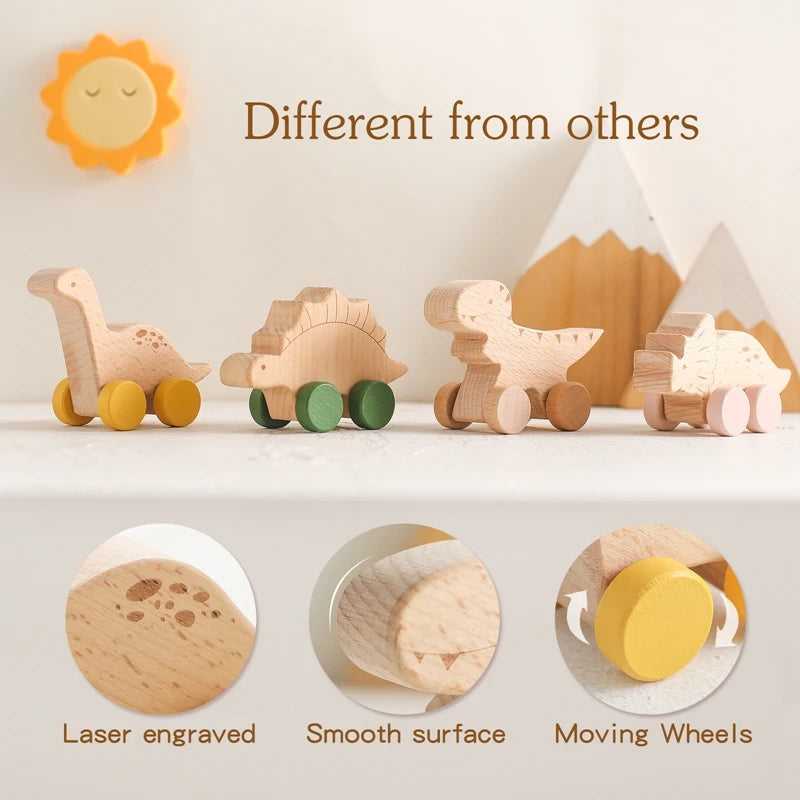 Wooden dinosaur teether toy car with laser engraved details, smooth surface, and moving wheels.