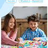 A child is assembling an animal cartoon jigsaw puzzle with a parent, demonstrating the smooth edges and thickened cardboard.
