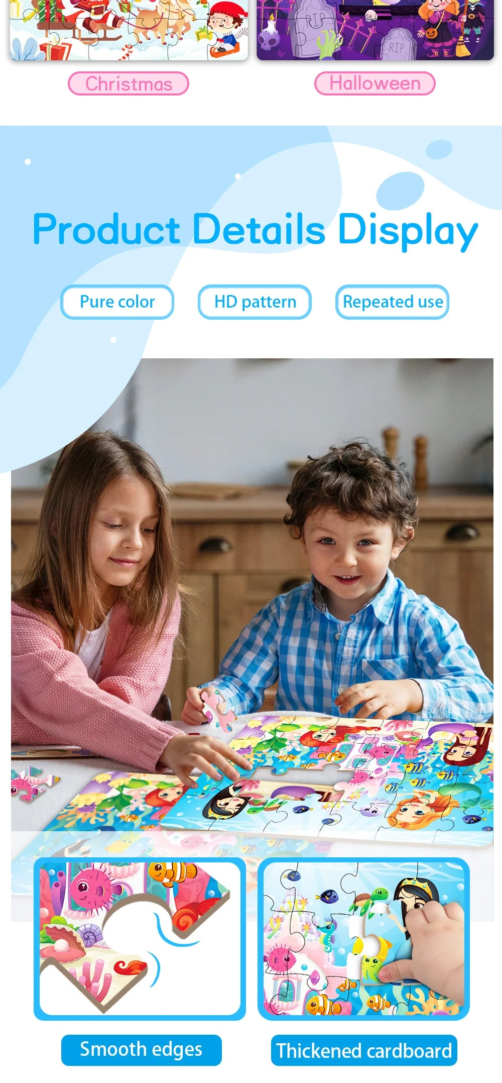 A child is assembling an animal cartoon jigsaw puzzle with a parent, demonstrating the smooth edges and thickened cardboard.