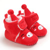 Pair of red animal-themed baby first walker shoes with white faux fur trim