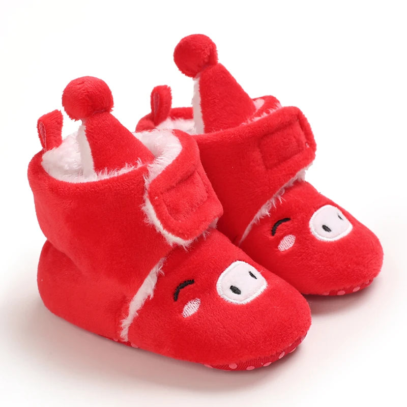 Pair of red animal-themed baby first walker shoes with white faux fur trim