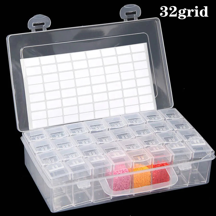 A clear plastic storage box with a grid insert and multiple compartments for organizing crafts, beads, or jewelry.