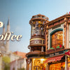 A model kit of the Dream Coffee Factory building, featuring an ornate wooden structure and detailed facade.