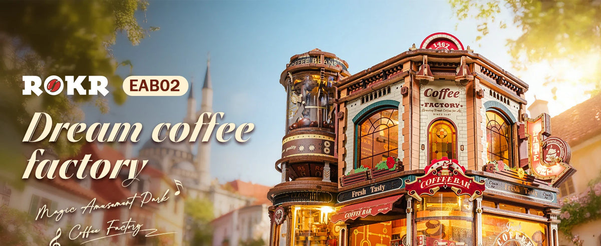 A model kit of the Dream Coffee Factory building, featuring an ornate wooden structure and detailed facade.