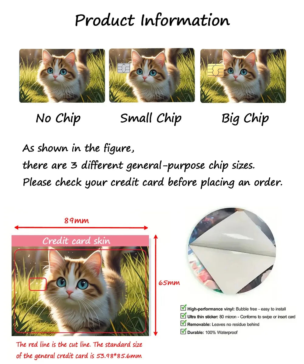 Three sizes of credit card skin stickers for cats: No Chip, Small Chip, and Big Chip.